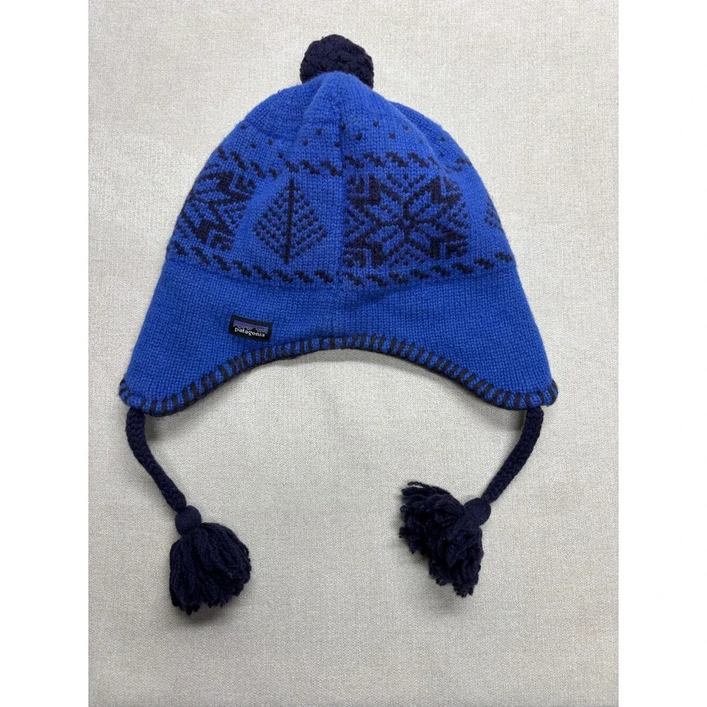 Patagonia Beanie Winter Hat Kids S Blue Wool Knit Ear Flap Fleece Lined Tassel